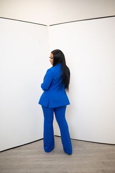 Deep blue 2 piece set with accent jacket runs small wearing a large fitted suit Bright Blue Suits For Women, Blue Fitted Unstitched Long Sleeve Suit, Fitted Single Breasted Blue Pantsuit, Semi-formal Blue Single Breasted Pantsuit, Fitted Blue Single-breasted Pantsuit, Fitted Blue Single-button Suit, Fitted Suit, Fly Girl, The Blues