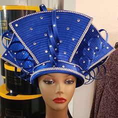 Donna Vinci Hat With Rhinestones Through Out The Hat. Never Woren Adjustable Blue Hat With Rhinestones, Blue Rhinestone Hat For Summer, Blue Adjustable Hat With Rhinestones, Blue Summer Hat With Rhinestones, Church Hats African Americans, Church Lady Hats, Church Hat, Africa Dress, Head Planters