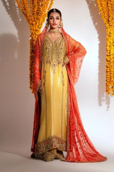 Yellow Mehndi Dress in Kameez Trouser Dupatta Style Reception Dupatta With Dabka On Jamawar, Jamawar Dupatta With Dabka For Reception, Reception Jamawar Salwar Kameez With Dabka, Traditional Jamawar Wear With Dabka Work For Reception, Wedding Lehenga With Naqshi Details In Georgette, Naqshi Sharara For Reception With Traditional Drape, Anarkali Sharara With Naqshi For Reception, Bollywood Style Sharara With Naqshi For Reception, Floor-length Naqshi Sharara For Reception