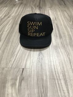 Swim Sun Sip Repeat Trucker Hat Champagne Trucker Hat Women's Trucker Hat Glitter Mexican Cruise Mex Adjustable Gold Baseball Cap For Summer, Adjustable Gold Snapback Baseball Cap, Gold Adjustable Snapback Baseball Cap, Gold Snapback Hat One Size, Gold Snapback Hat With Curved Brim, Gold Adjustable Snapback Hat With Curved Brim, Gold Curved Brim Adjustable Snapback Hat, Summer Gold Trucker Hat, Summer Flat Bill Hats With Letter Print