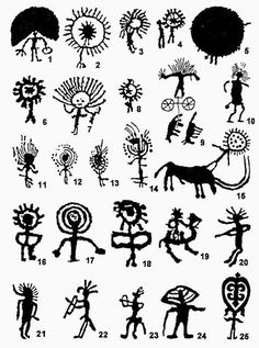 an old black and white drawing of native art, including symbols from the people's nations