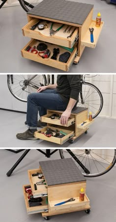 three photos showing the steps to make a bike stand with drawers and tools in them