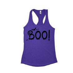 Boo Tank Top, Bats Tank, Halloween Fitness Outfit Boo to a fabulous spooky season! Product Details Next Level Women's Racerback Tank Top 60% cotton 40% polyester lightweight jersey Tear-away label Racerback Full length Printed on front in black Back is plain (no print)   Sizing Next Level Racerback Tank is true to size, for a looser fit we recommend sizing up.  In table below, length is measured from shoulder to finished hem. Width is measured below armhole, relaxed. XS    Length 27 in, Width 14 Fitted Witchy Top For Halloween, Fun Fitted Halloween Tops, Fun Fitted Tops For Halloween, Fitted Fun Halloween Tops, Spooky Fitted Tops For Halloween, Spooky Fitted Halloween Tops, Fitted Tank Top For Halloween, Cheap Halloween Tank Tops, Alternative Halloween Cotton Tank Top