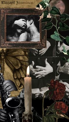 a candle is lit in front of a collage of images with hands and roses