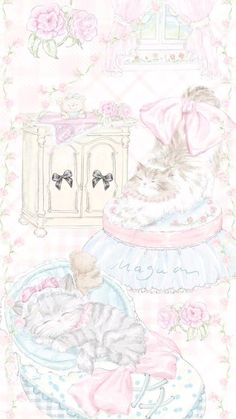 a drawing of a kitten sleeping in a basket next to a teddy bear and dresser