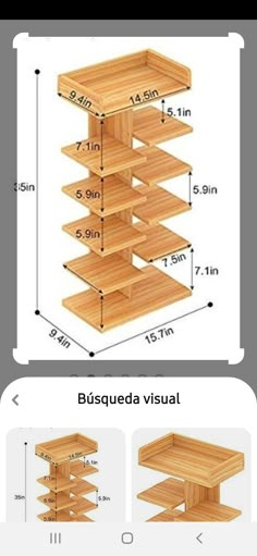 a wooden shelf is shown with measurements for the top and bottom shelves on each side