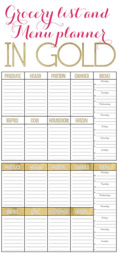 a gold and white printable meal planner with the words, grocery list and menu planner in gold