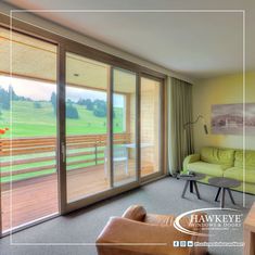 an open living room with sliding glass doors