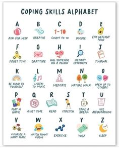 Coping Skills Therapy Activity, Coping Skills Alphabet, School Counseling Office Decor, Counselling Resources, Therapist Tools, Alphabet School, Counseling Office Decor, School Counseling Office, Healthy Coping Skills