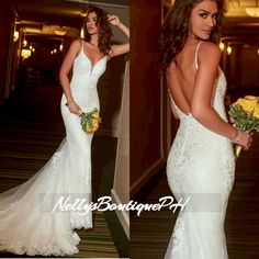 a beautiful woman in a white wedding dress posing for the camera and holding her bouquet