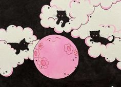 a black cat laying on top of a cloud filled with pink and white clouds in the sky