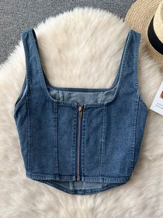 Denim Design Women Camisole Square Neck Zipper Retro High Street Fashion Ladies Tank Top on Luulla Event Dresses Classy, Women Camisole, Tank Top Sewing Pattern, Diy Corset, Ropa Upcycling, Denim Top Women, Denim Tank Top, Fashion Top Outfits, Denim Crop Top