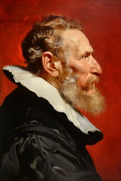 an oil painting of a man with white hair and beard wearing a black jacket, looking to the side