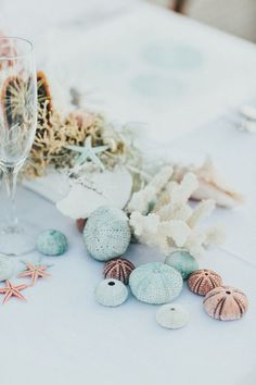 a table topped with shells and wine glasses next to a vase filled with starfish