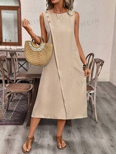 SHEIN VCAY Round Neck Sleeveless A-Line Dress With Button Design, Casual Style And Textured Fabric | SHEIN USA Linen Casual Dress, Linen Style Fashion, Oversized Coats, Chunky Scarves, Designer Dresses Casual, Linen Casual, Button Design, Linen Dresses, Linen Clothes