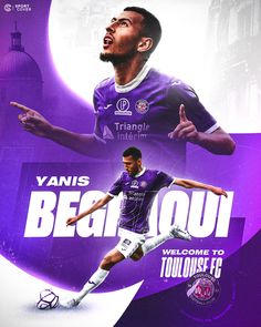 a soccer player with his arms wide open in front of a purple background and the words begin jou on it