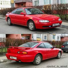 two pictures of a red car parked on the side of the road in front of a house