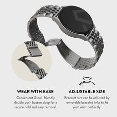 Turn your watch—smart or classic—into a luxury timepiece with the Universal Watchband. Compatible with all watches containing spring bars and 20mm or 22mm lugs. Including Samsung, Garmin, Fitbit, and more. 
 
Smoothed edges, a lightweight frame, and a clasp that doesn't pinch or rub against the skin make the BURGA Universal Watchband as comfortable to wear as it is beautiful to admire. 
 
Easy to clean and maintain. Just wipe it down with a damp cloth to remove dirt and sweat. 
 
Choose from va Stainless Steel Chronograph Watch Accessories, Timeless Adjustable Watch Bracelet Strap, Timeless Adjustable Bracelet Strap Watch Accessories, Timeless Stainless Steel Bracelet Strap Watch Accessories, Timeless Adjustable Bracelet Strap For Watches, Timeless Stainless Steel Watch Bracelet Strap, Adjustable Stainless Steel Watches With Subdials, Classic Stainless Steel Bracelet Strap Watch Accessories, Classic Stainless Steel Bracelet Strap Watch Bands