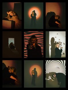 a series of images showing people in different poses and shadows, with one woman holding her hand up to her face