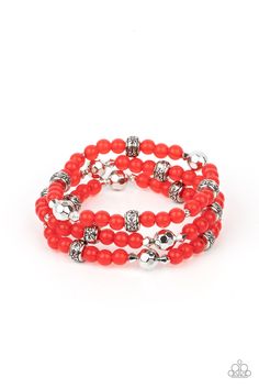 A dainty collection of faceted silver beads, floral embossed accents, and glassy red beads are threaded along stretchy bands around the wrist for a colorfully seasonal look.

Sold as one set of three bracelets. Red Bracelet, Red Beads, Red Jewelry, Red Bracelets, Paparazzi Accessories, Stretchy Bracelets, Paparazzi Jewelry, Red Bead, One Set