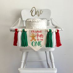 a cake sitting on top of a white chair