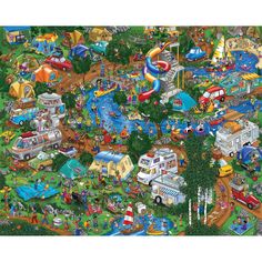 an illustrated map of the park with lots of vehicles and water slides, trees, and people