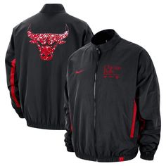 Guard against inclement weather in this Chicago Bulls Courtside Vintage Warmup jacket. Made by Nike, it features a full-zip closure, elastic trim to block out the elements and zippered pockets for protecting essential items. Chicago Bulls graphics on the front and back keep your fandom in easy view. Material: 100% Nylon - Body; 100% Polyester - Pocket Bags Officially licensed Elastic cuffs and bottom hem Imported Screen print graphics Long sleeve Full Zip Oversized fit Brand: Nike Two front zipp Nike Half-zip Streetwear Outerwear, Long Sleeve Nylon Track Jacket With Zipper Closure, Nike Nylon Track Jacket For Fall, Nike Half-zip Winter Outerwear, Nike Winter Half-zip Outerwear, Nike Nylon Long Sleeve Track Jacket, Nike Sports Outerwear With Zipper Closure, Black Sports Windbreaker With Zipper, Fall Sports Windbreaker With Zip Fly