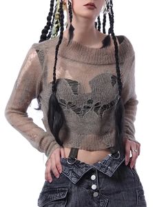 Gothic Tops, Striped Knitted Sweater, Sweater Cropped, Sweater Crop, Y2k Clothes, Knitwear Fashion, Detailed Sweater, Goth Punk, Brown Sweater