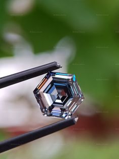 a close up of a diamond on a black wire with green leaves in the background