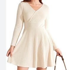 A Line Ribbed Knit Short Dress Missing Belt Stretchy Cream Knitted Dress For Fall, Winter Beige Mini Dress For Day Out, Beige Mini Dress For Winter Day Out, Casual Knit Dress For Winter, Knit Dress For Winter Day Out, Cream V-neck Sweater Dress For Spring, Cream Ribbed Knit Dress, Cream V-neck Winter Dress, V-neck Knit Dress For Brunch