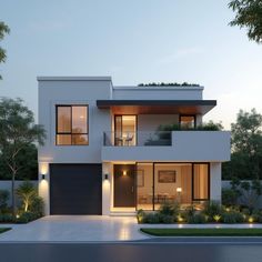 a modern two story house at dusk with lights on