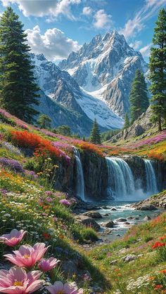 a painting of a waterfall with flowers in the foreground and mountains in the background