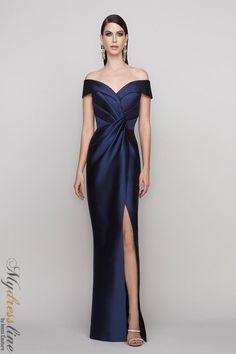 The Frascara 4110 Off-the-shoulder Gown is a must-have for any special occasion. The draped bodice and bow detail give it a touch of elegance, while the column silhouette with front side slit provides a figure-flattering fit. The hidden back zipper makes it easy to slip on, and the satin lining ensures a comfortable wear. Made from 51% silk and 49% wool, this gown is sure to turn heads. Silk Evening Dress, Plastic Dress, Draped Bodice, Full Length Skirts, Column Gown, Dress Cover, Adidas Samba, Bow Detail, Mother Of The Bride Dresses