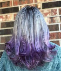 Grey And Purple Hair Color, Silver To Purple Ombre Hair, Grey Hair Blue Highlights, Grey Hair With Purple Tips, Gray Hair With Purple Highlights Silver, Ash And Purple Hair, Grey Hair With Colored Tips, Silver Hair Purple Highlights, Grey With Purple Hair