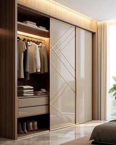 an open closet with clothes and shoes on the shelves next to a bed in front of a large window