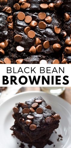 chocolate brownies are stacked on top of each other and the words, black bean brownies