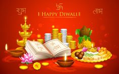 happy diwali with books, coins and candles on red background royalty photo - illustration