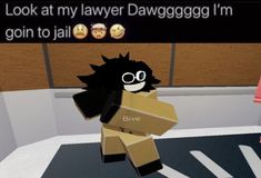 a cartoon character holding a box in front of a computer screen that says, look at my lawer dawgggg i'm goin to jail to jail