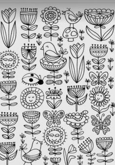 a black and white drawing of flowers, plants and birds on a sheet of paper