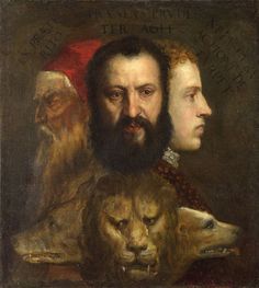 two men and a lion are depicted in this painting