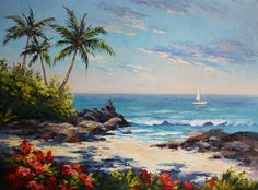 a painting of a sailboat on the ocean near rocks and palm trees with red flowers in foreground