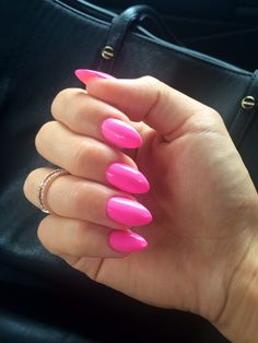 Hot Pink Oval Nails Designs, Classy Barbie Pink Nails, Barbie Pink Oval Nails, Glossy Pink Acrylic Nails Almond, Oval Hot Pink Nails, Hot Pink Oval Nails, Barbie Pink Nails Almond Shape, Hot Pink Glazed Nails, Hot Pink Nails Almond