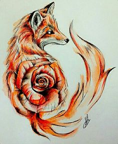 a drawing of a fox and a rose