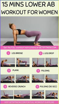 a woman doing yoga poses with the words 15 mins lower ab workout for women