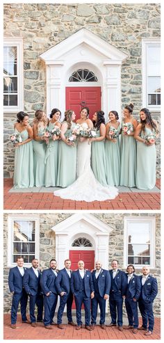 the bride and grooms pose for pictures in front of their wedding party's house