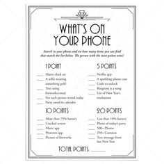 Roaring 20s New Year's Eve Party Game What's On Your Phone by LittleSizzle Roaring 20s Games, Goodbye To The Roaring 20s Party, Roaring 20s Party Games, Great Gatsby Party Games, Gatsby Party Games, 1920s Party Games, What's On Your Phone Game, New Year's Eve Party Themes, 1920's Party