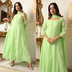 Pista Green colored suit is prettified with chikankari and gota work as shown which makes it appear classy. This top is made of georgette fabric which is accompanied with georgette bottom, crepe lining and georgette dupatta. Women can buy this suit to wear for their parties and functions. Note:- The actual product may differ slightly in color and design from the one illustrated in the images when compared with computer or mobile screen. Size Chart Size: Semi Stitched/Unstitched can be altered fr Georgette Anarkali Suits, Chikankari Work, Georgette Anarkali, Pista Green, Georgette Dupatta, Gota Work, Silk Art, Mobile Screen, Baby Skin Care