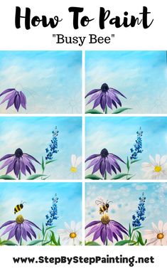 step by step painting instructions for how to paint purple flowers with bees and daisies