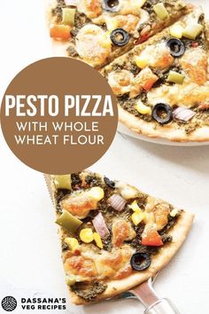 two slices of pesto pizza with whole wheat flour and olives on the side