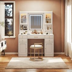 a bathroom with a vanity, mirror and stool next to a window in the room